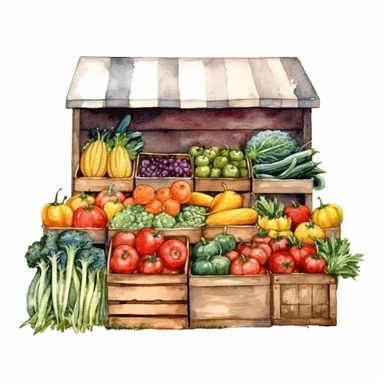 watercolor colorful clipart of a bountiful farmer's market, hd, on white background