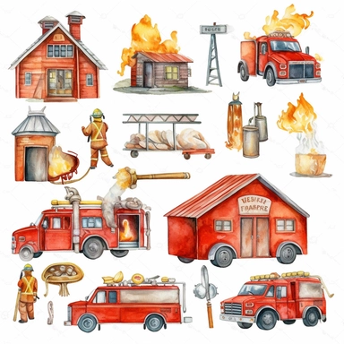watercolor fire department elemets clipart cute neutral decent colors on white background