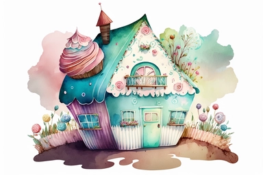 Very cute and Whimsical cupcake house, colorful, Watercolored illustration, clipart, white background