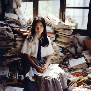 Real photos, classroom scene, messy environment, soft lighting, a 20 year old young Chinese girl with fair skin and long hair draped around her shoulders, smiling, wearing a school uniform and holding a pen, sitting by the classroom window. In front of her, there are books and textbooks, and the surrounding environment is messy, filled with books and textbooks, art film clips, movies, real photos, 32K pixels - ar 16:9