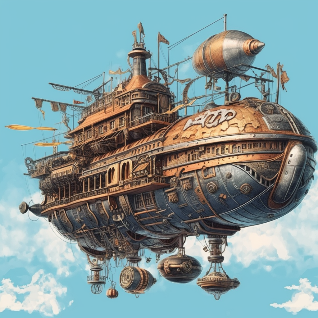 steampunk airship flying above atlantis, vintage, clipart - Clip Art ...