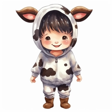 cute kid wearing Cow costumes and with happy face,front facing on isolated background,with happy face and expression,Animal Sublimation Clipart,no splash watercolor,white background, ultra detailed clipart, cut out image, colorful watercolor realistic, cartoon style, ultra HD, sharp and clean art