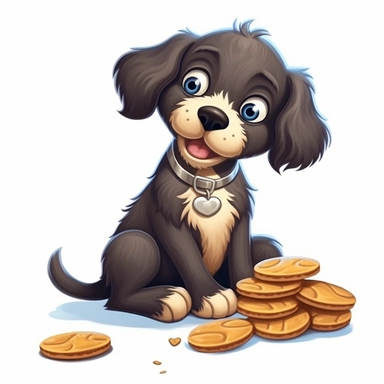 Cartoon black dog with cookies clipart, high detail, illustration style, high solution, on the white background