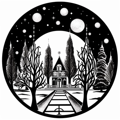 circle, art nouveau style, black lines, detailed, flat design, simple design, christmas snow globe, white background, clipart style, black and white,