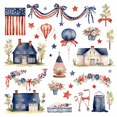 watercolor 4th of july patriotic decorations, illustrations clipart set, simple, , cartoon elements , bunting, ribbon elements, door wreaths, different variants , separate elements with a margin