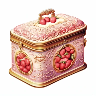 A pink Victorian bread box, elegantly carved, housing a loaf of blush-tinted strawberry bread, its steam wafting up in intricate patterns, Clipart, watercolor, white background, intricate detail