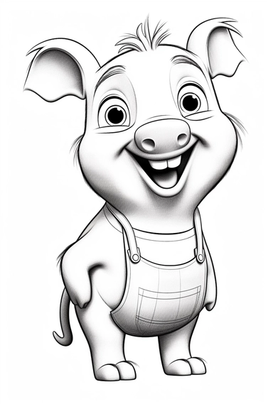 pixar Pig clipart, simple line art, monocromatic, isolated on white background, color image, full body, stroke line art, for toddler coloring, 8k