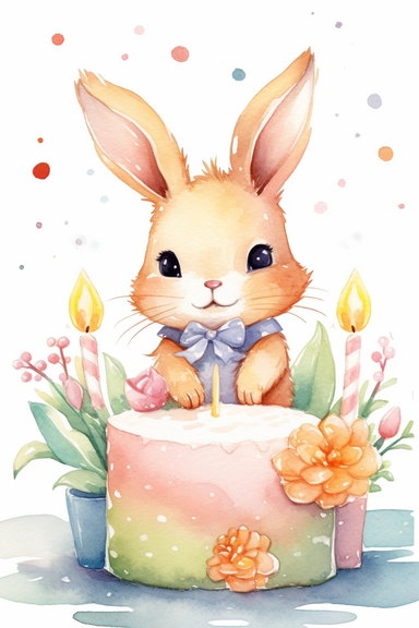 Create a watercolor clipart picture of a cute bunny sitting next to a birthday cake, with small flowers and greenery. The bunny should have a friendly and adorable expression, and the cake should be a single-tier design with pastel colors and simple decorations, such as sprinkles and candles. The flowers and greenery should be scattered around the cake and the bunny, creating a whimsical and natural feel. The bunny's fur should be depicted with soft watercolor strokes, showcasing its fluffy and 