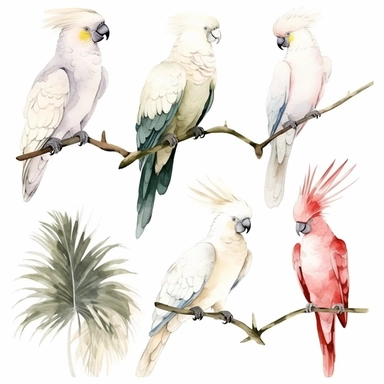 Palm Cockatoo Clipart set, watercolor style, minimalist, isolated white background, 8k