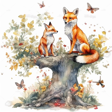 A whimsical scene of a fox and a rabbit sitting on a tree branch, surrounded by a flurry of leaves and flowers. The fox and rabbit are rendered in Marumiyan's signature style, Clipart, 8k, HD, white background