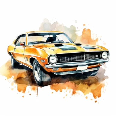 A clipart of a classic American muscle car, painted in watercolor style, designed on a white background.
