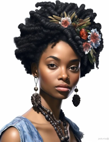 hasselblad 24 mm three quarters shot of a gorgeous african american woman with blue eyes, clipart, Composition: Relaxed position with intricate high hairstyle, smiling, detailed natural skin, Style: Nu-Goth, white background, hyperrealism, 32k