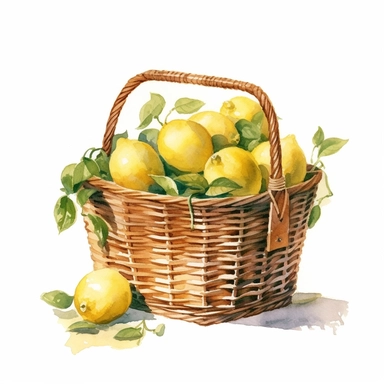 lemons in a picnic basket watercolour painting clipart, white background, no text