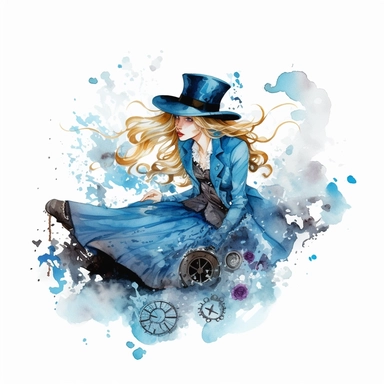 a long haired blonde girl, dressed in a sky blue dress and white shirt. steampunk dark blue coat with gears and a top hat with flowers. She's falling into a deep dark hoe in the ground. Watercolor style, crisp white background, clipart