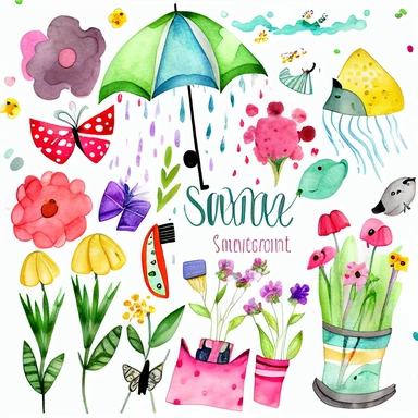 Please create a series of watercolor clipart illustrations featuring different items related to spring. Each illustration should be drawn in a charming and playful style that captures the beauty and vibrancy of the season. Items to include can be flowers, butterflies, birds, bees, rain boots, and umbrellas. Please use a coherent color palette that is bright and cheerful, but also soothing and calming. Colors that are associated with spring, such as greens, blues, pinks, and yellows, should be us