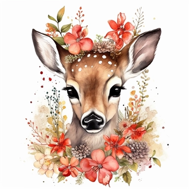 cute sweet baby deer, full body With Flower Wreaths vibrant colors, red mushroom, outline black, highly detailed, watercolor clipart white backround