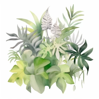 watercolor painting of jungle plants and leaves, clipart, low detail, gentle expressions, white background