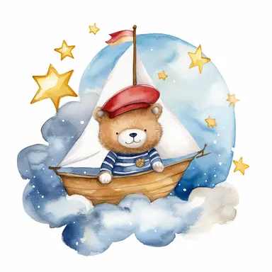 dreamy dark blue night sky clouds and a swarm of golden stars. a cute plushie sailor bear in a blue and white striped shirt and a sailor hat and a small red bowtie, in a wooden sailboat with a white sail, sailing on fluffy clouds, not sea. prominent visible brush strokes, watercolour texture, watercolor clipart png on white background