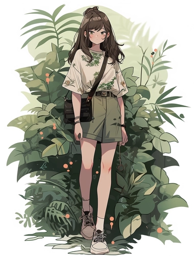 cute summer girl full body drawing, illustration clipart, detailed, black outline, digital art, watercolor, in forest,