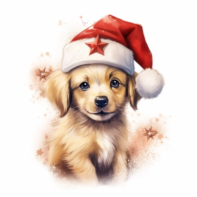 a small cute smiling puppy, wearing a Santa hat, color pencil sketch on a white background for clipart, small red and gold stars