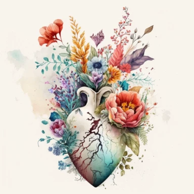 Generate a beautiful digital watercolor clipart illustrating flowers growing from a human heart, replacing the traditional vase. The art should evoke a sense of spring, with a variety of flowers in vibrant, spring-like colors. The heart from which the flowers grow should be detailed and realistic, adding a touch of whimsy and symbolism to the piece. The flowers should bloom from the realistic heart, they should bloom and be beautiful. A lot of flowers, spring vibes.