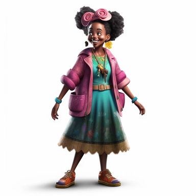 2d, beuatiful vibrant full body happy african american adult mickey mouse woman clipart, dark brown face, pink ears, wearing fun outfit and shoes, patting a smiling peacock, disneycore, cartoon realistic