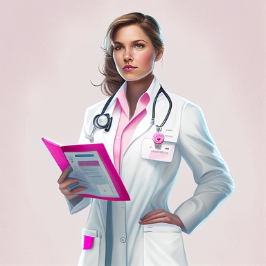 Female doctor, white lab coat, clipped ID badge, pink latex gloves, clipboard, stethoscope