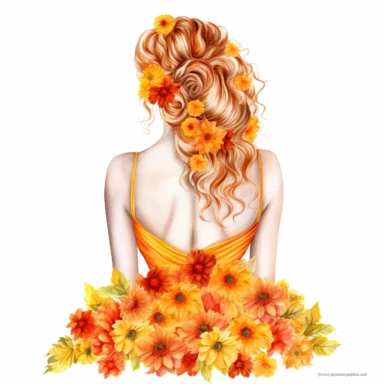 Watercolor A woman's face, full body, back view White fabric leaves flowers Marigolds decorate hair, wedding dress with flowers Marigolds and leaves adorning her hair. hair up with flowers Marigolds vividly bold designs png Full body realistic cartoon in 32K UHD cute. 15 cm thick outline. . There was no shadow on the ground. 8k with realistic watercolors. and detailed illustrations. PNG clipart, transparent white background