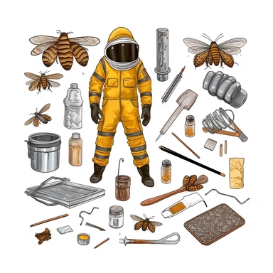 An illustration showcasing a variety of beekeeper tools laid out, including a beekeeping suit, gloves, smoker, hive tool, and a brush, with bees flying around in the background. (Digital drawing clipart, image black border color, full body, flat texture, transparent background)