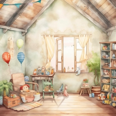 Beautiful and cozy children play room for background image, grey brick house, no character in it, for children`s book illustration style, Watercolor Clipart, strybk, full Illustration, 4k, sharp focus, watercolor, concept art, muted colors, watercolor style, strybk, children's style fairy tales. Octane rendering, 3d. watercolor style