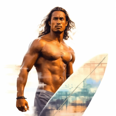 beautiful stunning hawaiian surfer young man , paint art style, clipart, white background, superrealistic, one of a kind