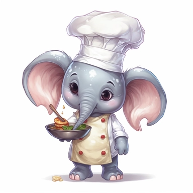 cute baby elephant with long proboscis in a Chef Costume, cartoon clipart, isolated white background, 32k