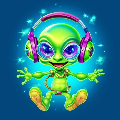 lisa frank style clip art cartoon of green alien with headphones on dancing with mushrooms