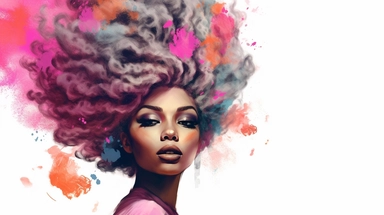 An enchanting clipart showcasing a stylish African American girl with a textured hairstyle, dressed in trendy and whimsical attire, placed against a high-resolution and grey background, presented in the form of a vibrant watercolor art piece,