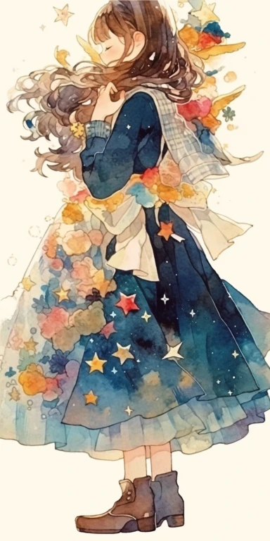 Watercolor beautiful feathers and flowers, stars and universe, beautiful girl, with smile, Full body, face side, fantasy illustration, perfect face, with beautiful face and with stars, beautiful brown hair, beautiful face, love, vintage long dress, vivid vibrant colors, intricate detail, hyper detailed, hyper quality, 32K, unreal engine, isolated on white background, kawaii, clipart, fantasy art