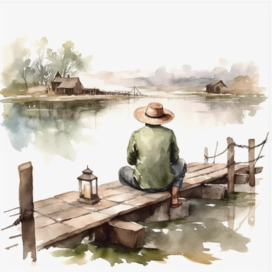 watercolor vintage fishing man sitting on the pier in a lake view surrounded by idyllic greenery, back turned, straw hat fishing clipart, no background, 4K