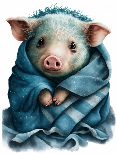 cute baby pig in a blue blanket, watercolor clipart, transparent background,