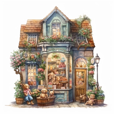a very cute toy shop with lots of toys , clipart, exterior view, cozy, flowers, luminious, dramatic lighting, super detailed, daytime, Thomas Kinkade style, watercolor, 8k, on isolated white background