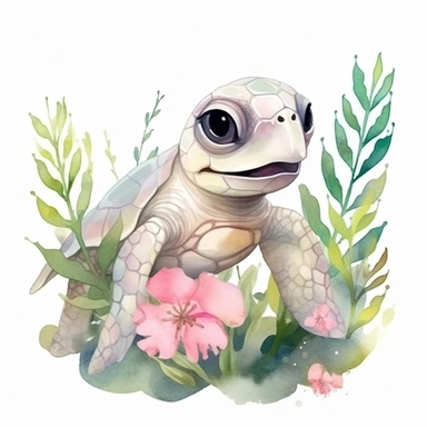 cute happy young sea turtle swiming through sea plants, flowers on shell, pixar style, cute watercolor clipart, ultra realistic, hd, detail, watercolor light pink and green spots, isolated on the white background