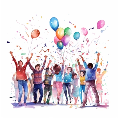 watercolor, Happy people celebrating birthday with confetti, balloons, party hats and horns. Holiday celebration concept. Men and women rejoicing together. png Full body realistic cartoon in 32K UHD cute. 15 cm thick outline. Black color. There was no shadow on the ground. 8k with realistic watercolors and detailed illustrations. PNG clipart, transparent white background