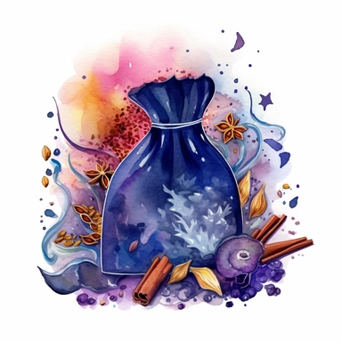realistic high level watercolor, hyper realistic, white background with margins, 8k, ultra detailed clipart, A pouch of enchanted spices, with magical, swirling scents that evoke vivid memories and emotions, midnight blue, cool, fairy