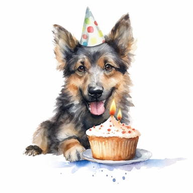 watercolor, clip art, a Shepherd Dog wearing a party hat and eating cake, birthday, happy face, isolated on a white backgroun