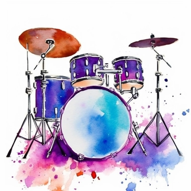 watercolor clipart, one individual drum set, vibrant splash of color, white background