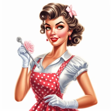 beautiful pretty pin up woman, makeup and hair 50's style, diferent poses,maid dressed, paint art style, cleaning furniture 50's style, detail, clipart, white background, superrealistic, one of a kind
