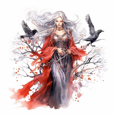Mhytologic style beautiful impressive silver long haired goddess woman wearing warrior dressed with red cloak and a raven posited on her hand in the oak trees with watercolor effect,suitable for digital clipart,white background,many twinkles,celtic mhytology scene,warrior style,detailed features,hero style