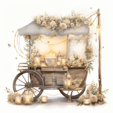 illustrations: evening scene, wedding cart, filed with wedding accessories decorated with Outdoor String Lights, in the style of mandy disher, gold and cream, light silver and bronze, claudia tremblay, soft realistic watercolours, resin, wiesław wałkuski, clipart