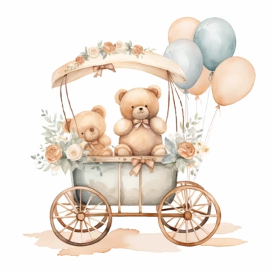 clipart, cute, boho, simple, clean, pastel color baby trolley with vintage bears inside