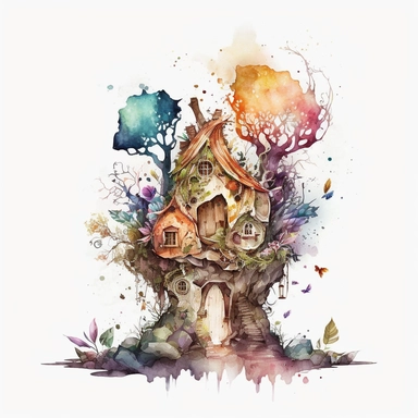 watercolor perfect detailed complicated fairy house clipart with white background realistic colors, white background
