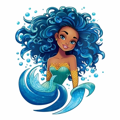 a clipart art T-shirt design black African American magical Afro hair color colorful mermaid long mermaid color pop tail of the the sea cartoon Disney Pixar