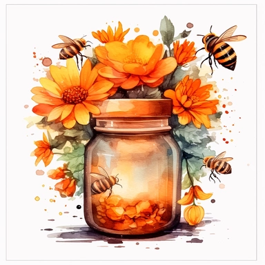CLIPART OF AN AQUAREL PAINTING of a honey jar and bees surrounded by colored flowers, white background, hyperrealistic, studio light, 8K highly detailed, neon pastel color palette, retrofuturpunk, scattering, black and white balance, editorial photography